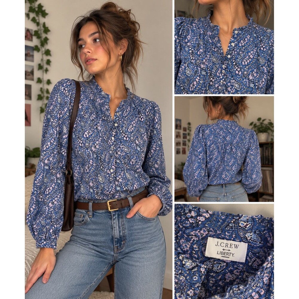 J. Crew Liberty Fabric Button-Front Ruffleneck Popover Bourton Bloom Size M